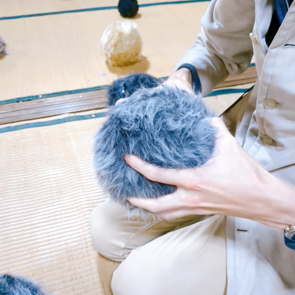 BIWAKOビエンナーレ沖島会場のアート作品のもふもふの玉を開ける様子