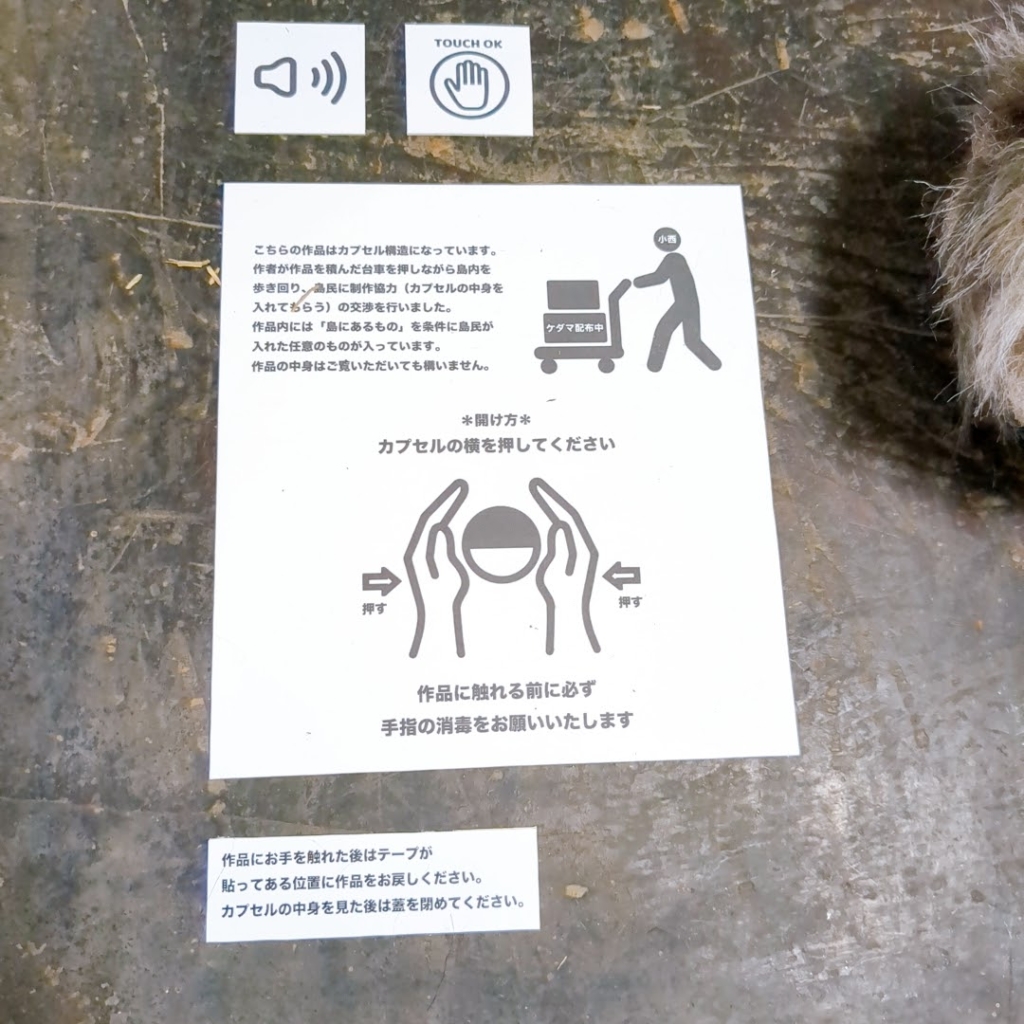 BIWAKOビエンナーレ沖島会場のアート作品のもふもふの玉の説明書き